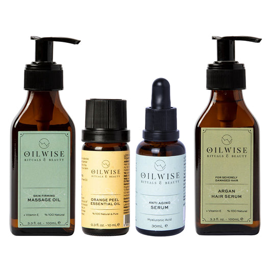 Oilwise Firming Skincare Kit — GCMS-Certified Essential Oils, Anti-Aging Serum & Argan Hair Repair