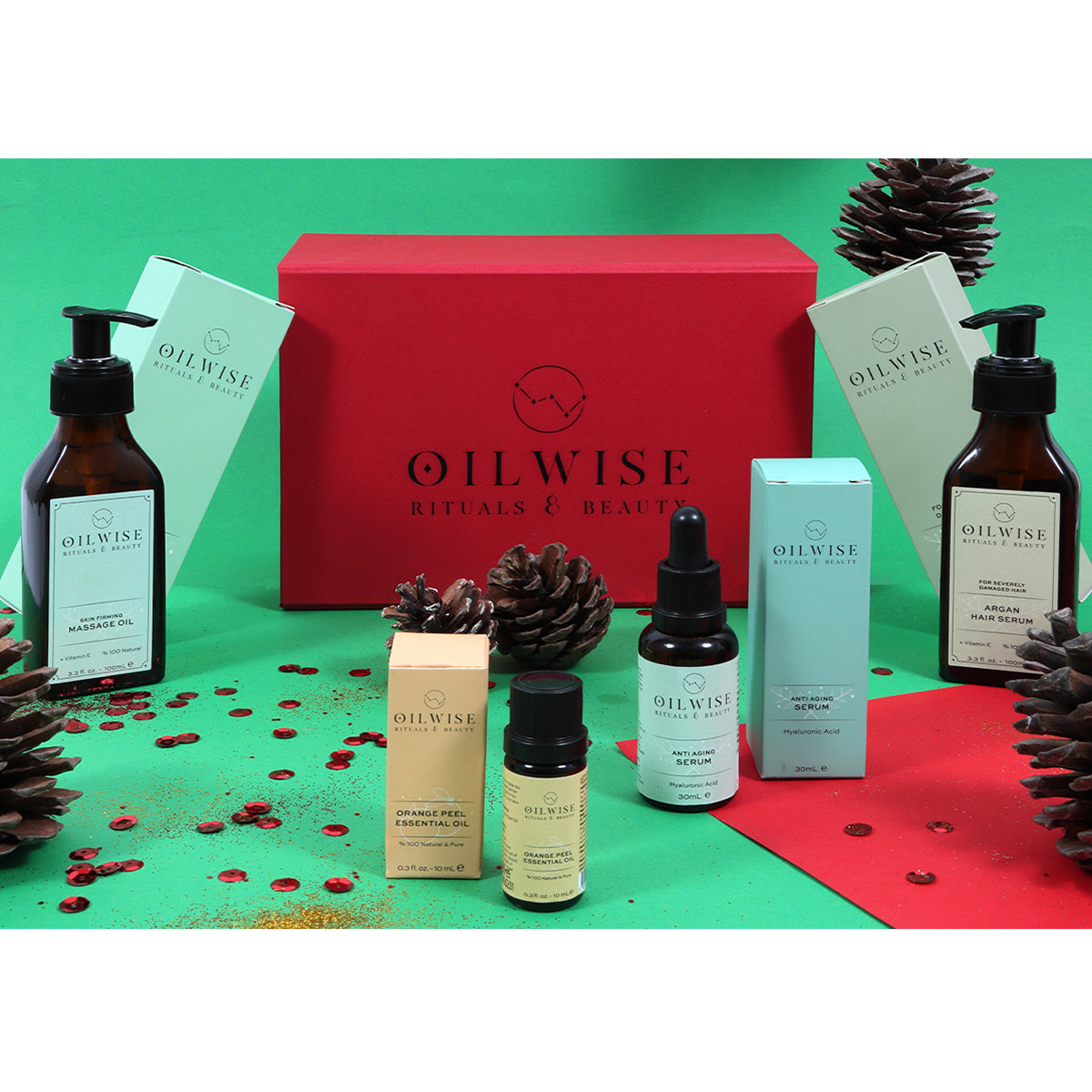Oilwise Firming Skincare Kit — GCMS-Certified Essential Oils, Anti-Aging Serum & Argan Hair Repair